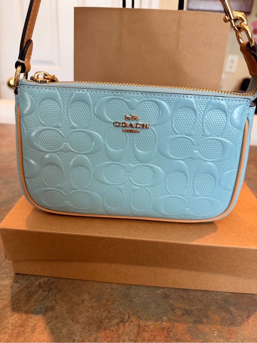 Coach Light Blue Patent Mini Crossbody with Gold Hardware